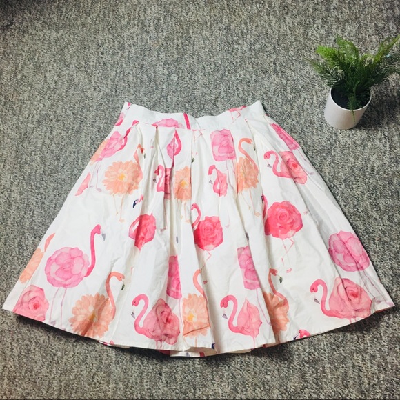Chicwish White Pink Flamingo Knee Length Print Pleated A-line Midi Skirt Medium - Picture 8 of 16